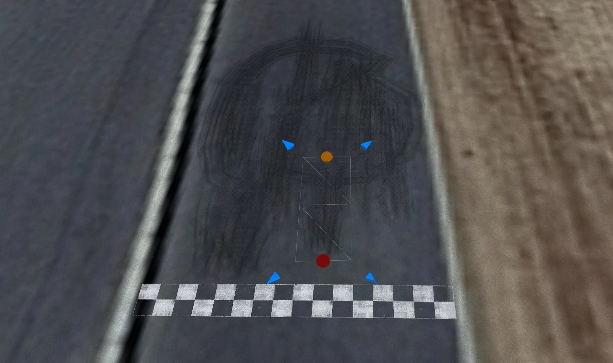 Burnout skid marks and a chequered start line laid as decals on the road