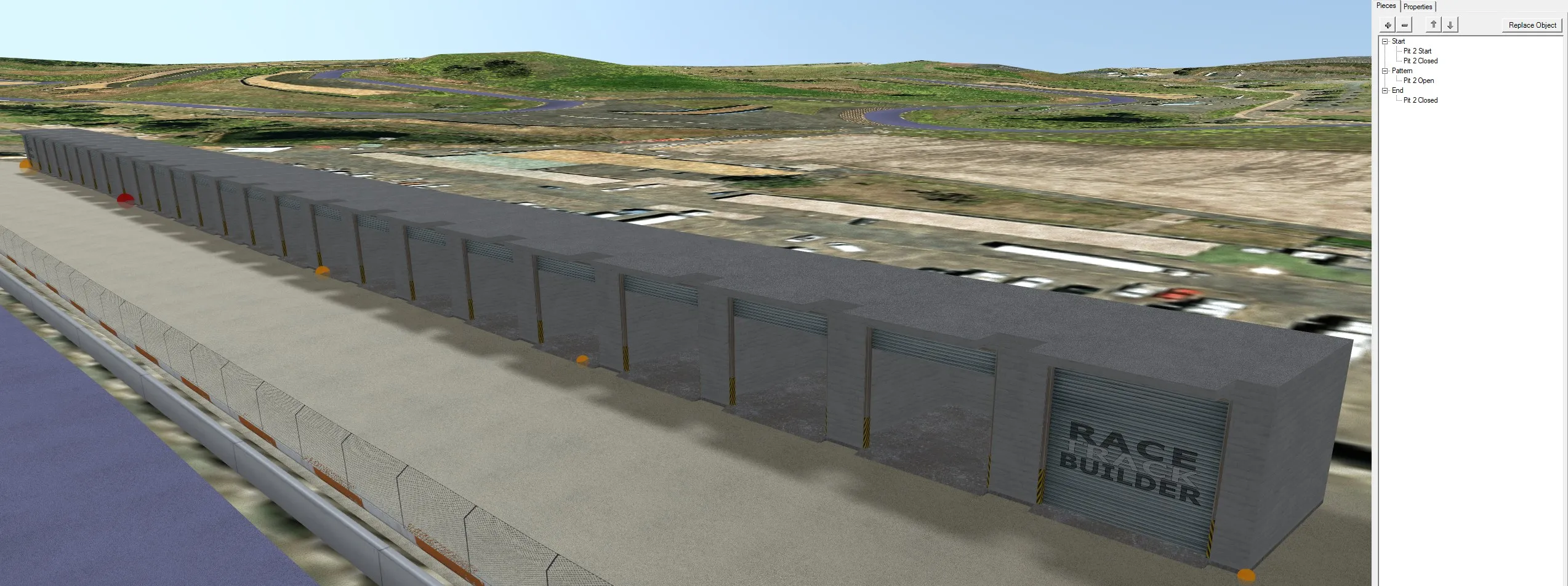 A row of pit garages built as a string object from start, pattern and end pieces
